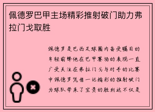 佩德罗巴甲主场精彩推射破门助力弗拉门戈取胜 佩德罗巴甲主场精彩推射破门助力弗拉门戈取胜